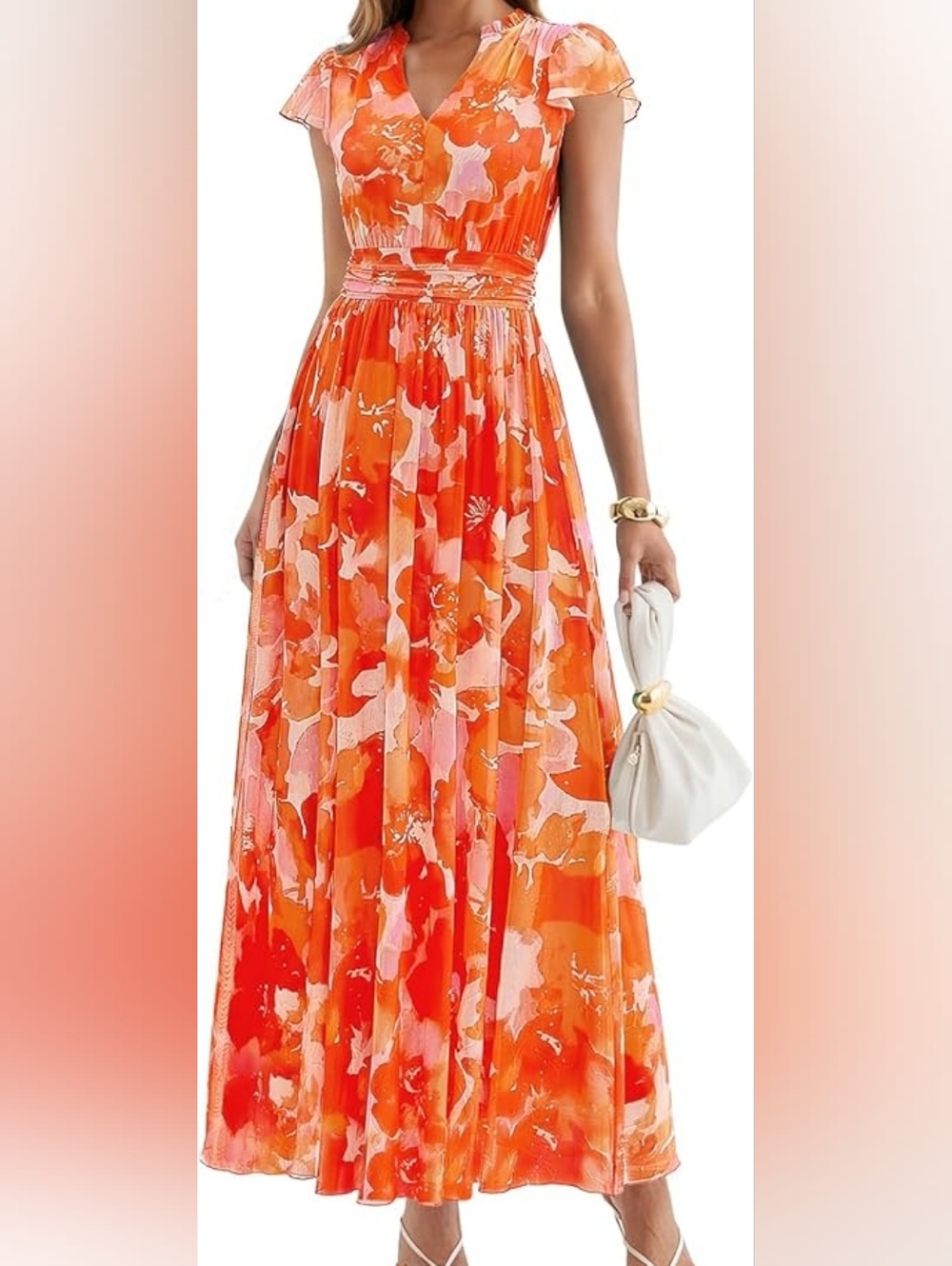 PRETTYGARDEN Womens Orange Floral Maxi Dress